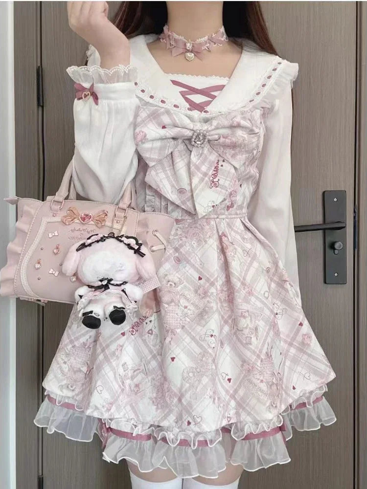 2024 Japanese Style Lolita Princess Dress Women Party Y2k Bandage Blue Cosplay Costumes Puff Sleeve Ribbon Bowknot Mini Dress