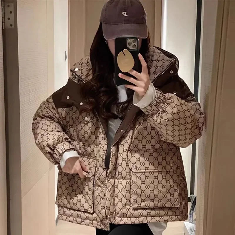Luxury Brand Women Clothing Winter Super Hot Coat New Trendy Youthful Printed Cotton Padded Jacket Hooded Short Tops Puff Jacket