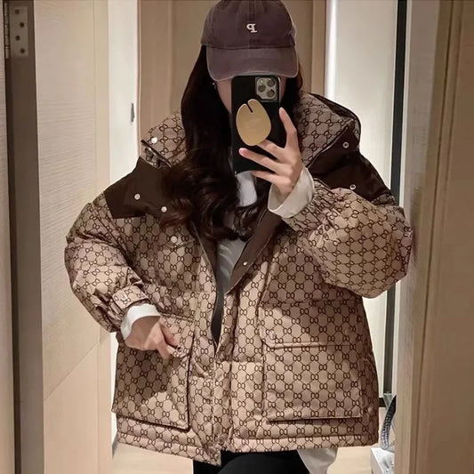 Luxury Brand Women Clothing Winter Super Hot Coat New Trendy Youthful Printed Cotton Padded Jacket Hooded Short Tops Puff Jacket