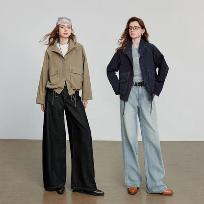 TOYOUTH Women Jacket Coat 2025 Autumn New Barn Style Workwear Large Pocket Stand up Collar Single Breaste Button Outwear Coat