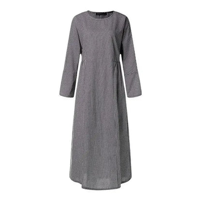 2025 Vintage Plaid Maxi Dress Women's New Cotton Linen Sundress Casual O-neck Long Sleeve Vestidos Females Check Long Skirt Robe