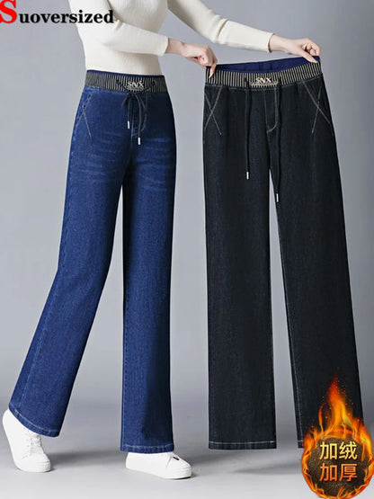 Elastic High Waist Baggy Straight Jeans Winter Warm Thicken Velvet Lined Wide Leg Denim Pants Women Casual Vintage Vaqueros New