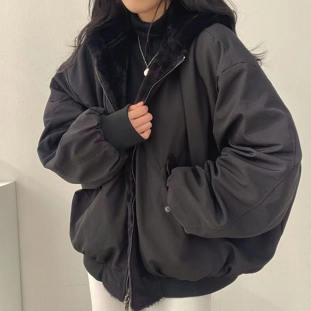 Faux Fur Coats Women American Vintage Jackets  Long Sleeve Hooded Office Lady Trench Winter Clothes Y2k Grey Jackets Streetwear