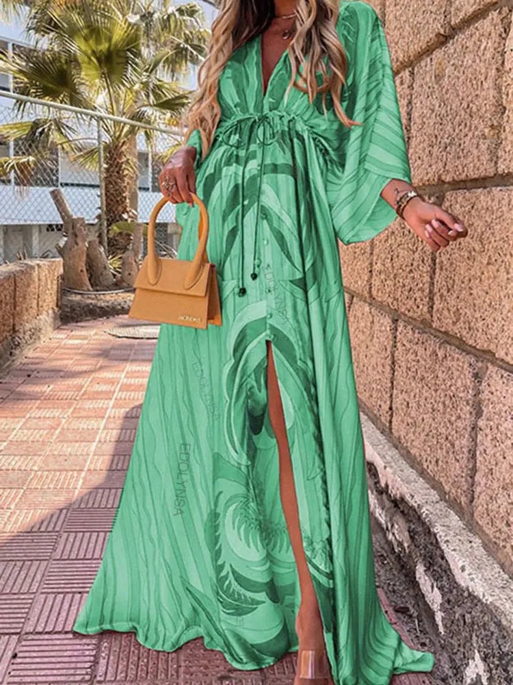 Bikini Cover-ups Boho Print Long Dress Self Belted Sexy Beach Tunic 2023 Summer Women Beach Wear Swim Suit Cover Up A932