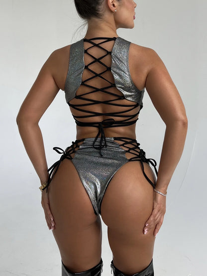 European and American swimsuit women's dark laser strap sexy bikini foreign trade points swimsuit