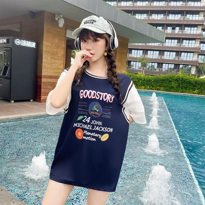 Swimsuit Women Split 3 Piece Set Korean Cartoon Print Cover Up Sport Boxer Shorts Tank Top Mesh Jersey Sun-proof Beach Swimwear