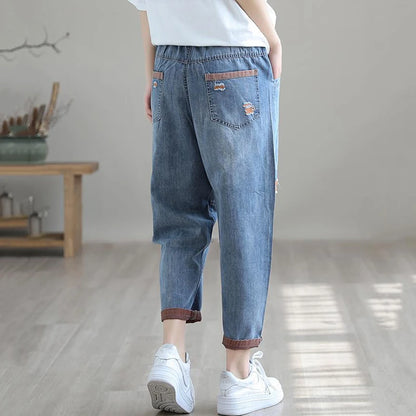 Ripped Hole Harem Jeans Streetwear Women's Korean Baggy Ankle-length Denim Pants Design Casual Vaqueros New Lace Up Kot Pantalon
