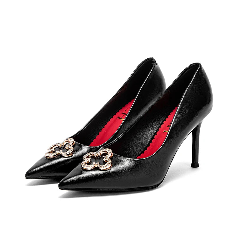 Heels 9CM Woman Black Shoes Leather Shoes Pointed Toe Banquet Evening Wedding Casual Single Shoes Luxury Brand Women's Shoes