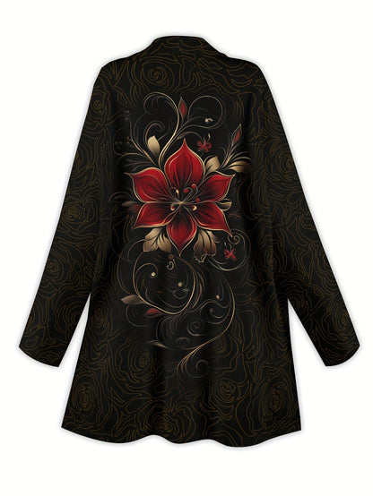 Fashion Women's Vintage Flower Long Sleeve Cardigan, Polyester Open Front, Lightweight Cover Up, Spring Autumn Casual Coat