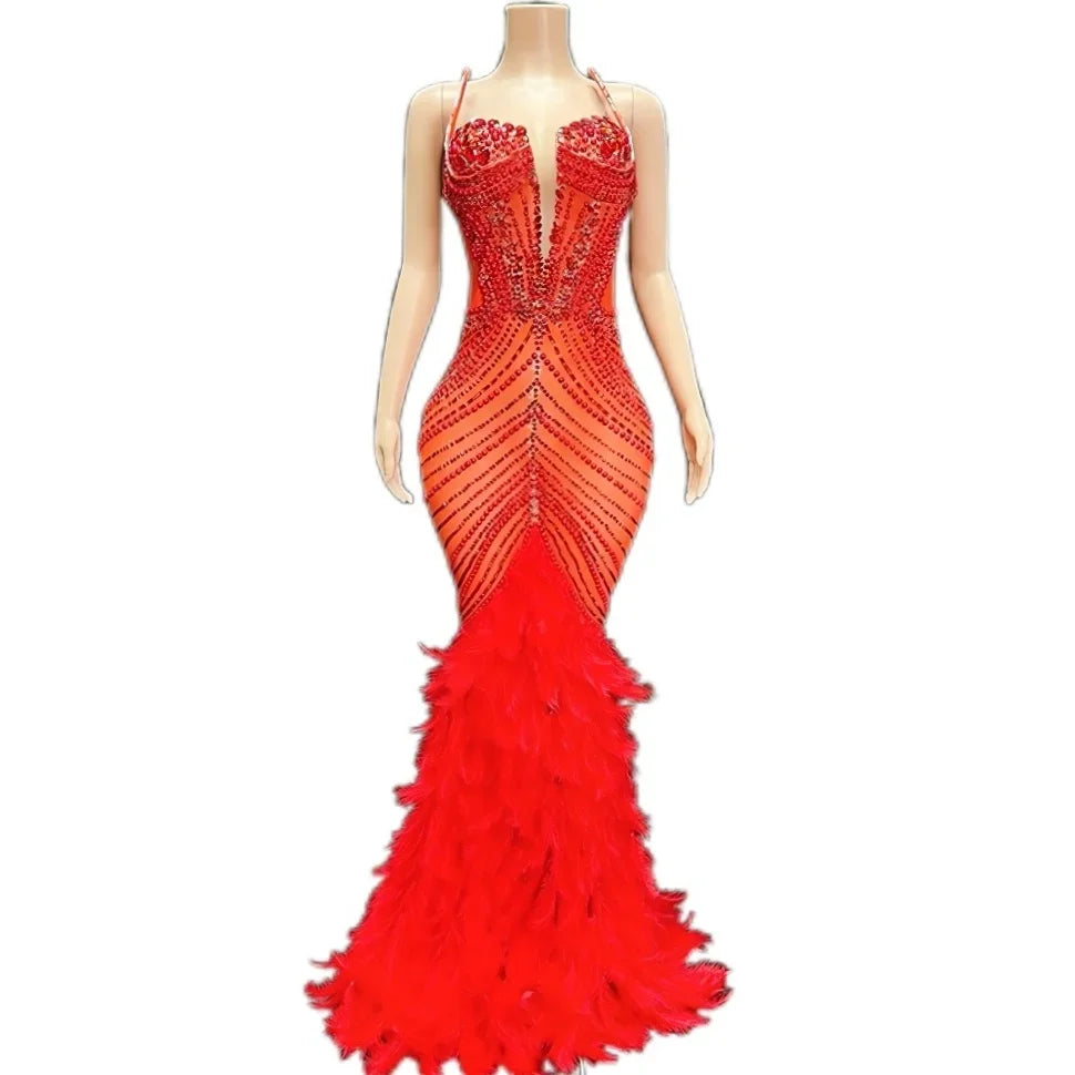 Luxury Pearls Grand Feather Sexy Floor-Length Dress Evening Party Performance Costume Bar Nightclub Singer Dancer Stage Wea