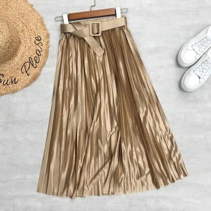 Seoulish 2025 New Solid Elegant Stain Women's Pleated Skirts with Belted High Waist Skirts Mi-long Umbrella Skirt Spring Summer