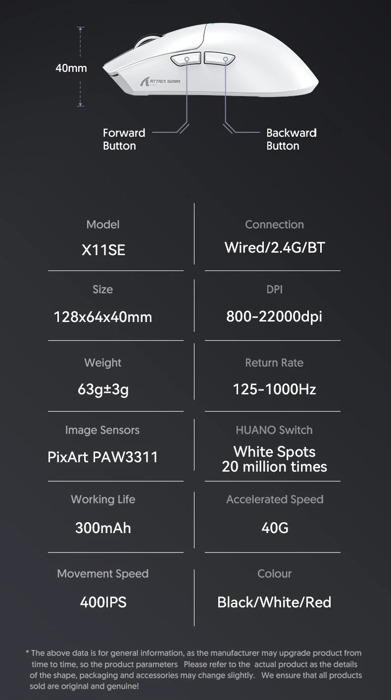 Attack Shark X11  X11SE Wireless Gaming Mouse 3-Mode , PAW3311, 22000DPI, 400IPS, PC Gaming Mouse