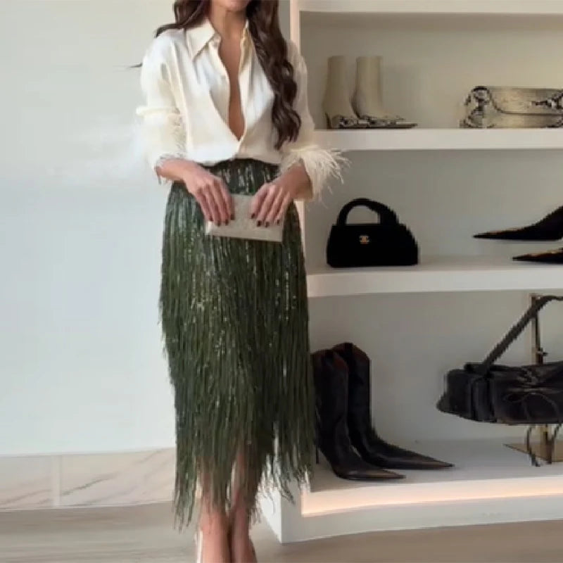 Women's Young Versatile Sparkling Tassel Skirt Fashion Design Casual Evening Party Gown 2025 New Elegant Straight Tube Vistidos
