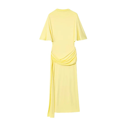 HH Women New Fashion Short Sleeve Sexy Backless Layered Decoration Yellow Slim Long Dress Woman Summer Beach Party Dress