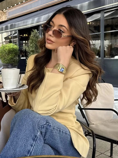 HH 2025 Elegant Women's Yellow Slim Blazer Jacket Female O-Neck Long Sleeve Single Breasted Suit Coat Lady Office Streetwear