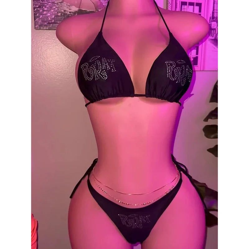 Vintage Spliced Diamond Bikini Set Swimwear Women Sexy Triangle Lace Up Micro Bikini Summer 2025 New Swimsuit Bikini Two Piece
