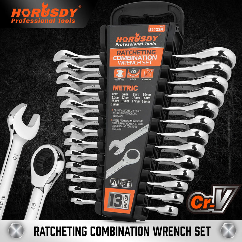 HORUSDY 13Pcs 6-19mm Metric Ratcheting Wrench Set, 72 Tooth Chrome Vanadium Steel Combination Wrenches with Storage Rack
