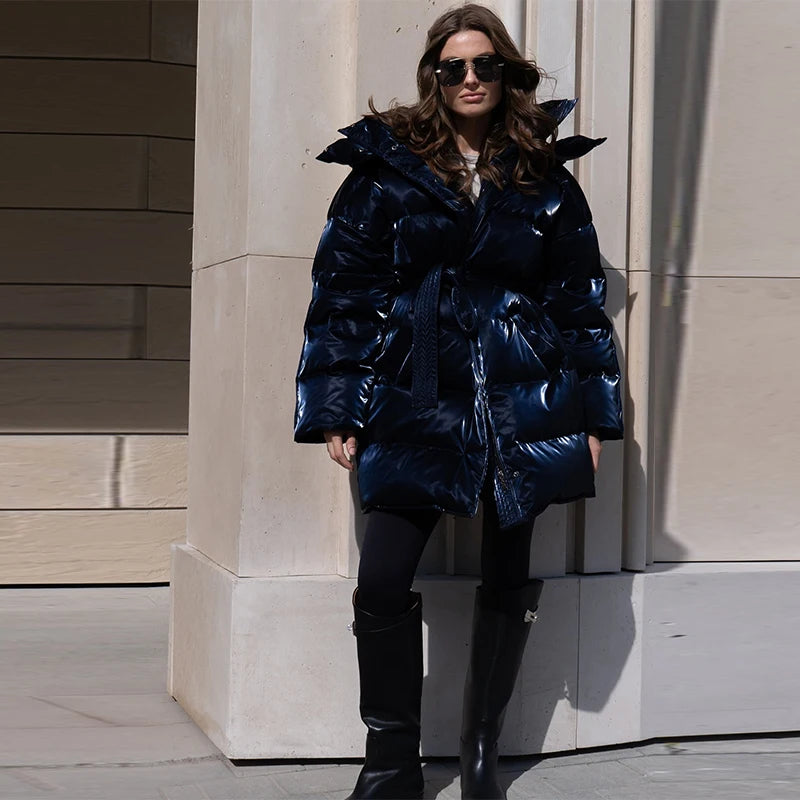Shiny Reflective Cinched Waist Outwear Winter Luxury Elegant Lapel Cotton Coat Female Length Loose Trendy Thick Warm Down Jacket