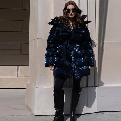 Shiny Reflective Cinched Waist Outwear Winter Luxury Elegant Lapel Cotton Coat Female Length Loose Trendy Thick Warm Down Jacket