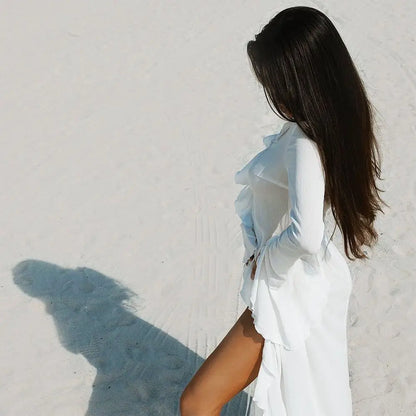 V Neck Summer Beach Cover Up Ruffled Loose Bikini Sunscreen Smock Bathing Suit Long Sleeve Swimsuit Cover Up Dress for Women