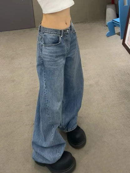 Gradient Spring 2025 Blue Jeans Women Y2K Vintage High Waisted Jeans Straight Streetwear Loose Large Wide Leg Denim Pants