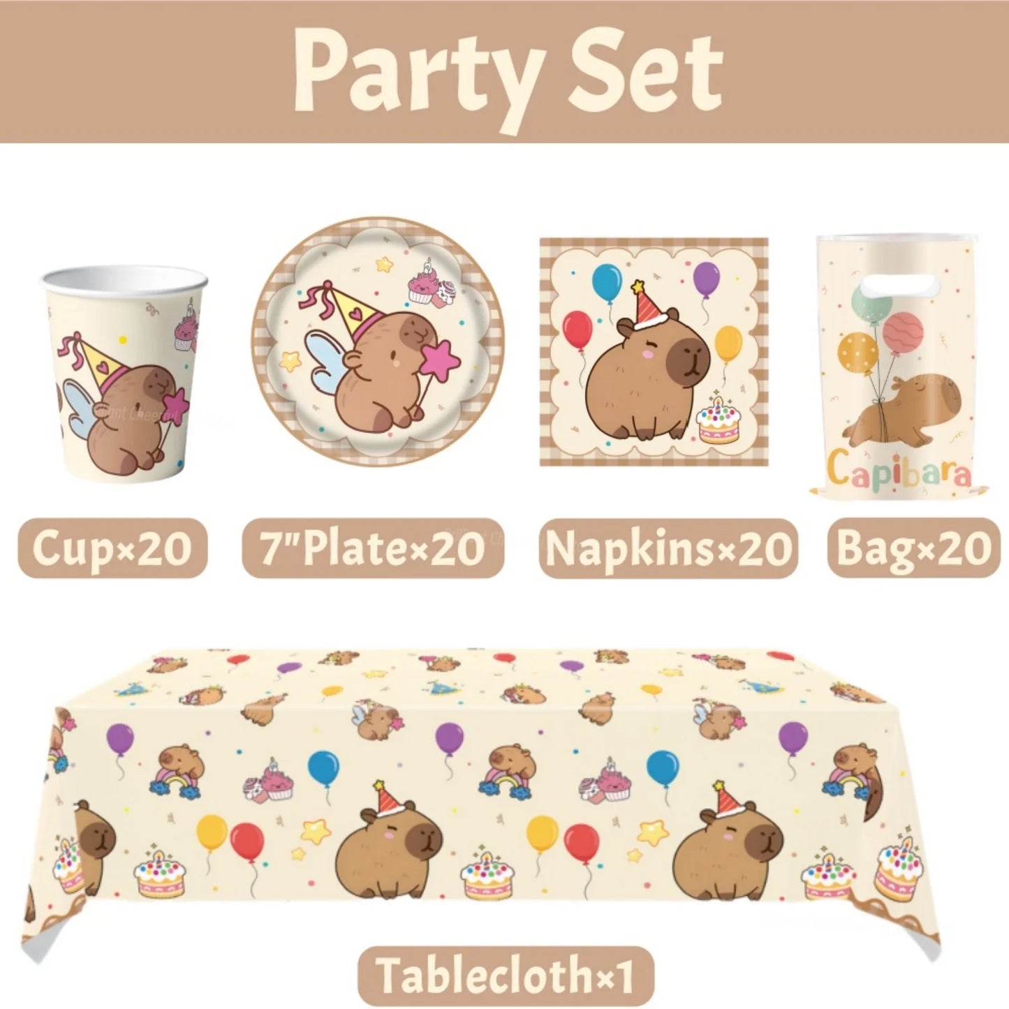 Cute Capybara Birthday Decorations Balloons Backdrop Tablecloth Stickers Cups Plates for Baby Shower Kids Event Party Supplies