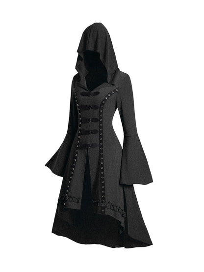 Dressfo Women's Grommet Gothic Hooded Top High Low Hem Buckle Flare Sleeve Frilled Top Long Sleeves Hooded Halloween Tops