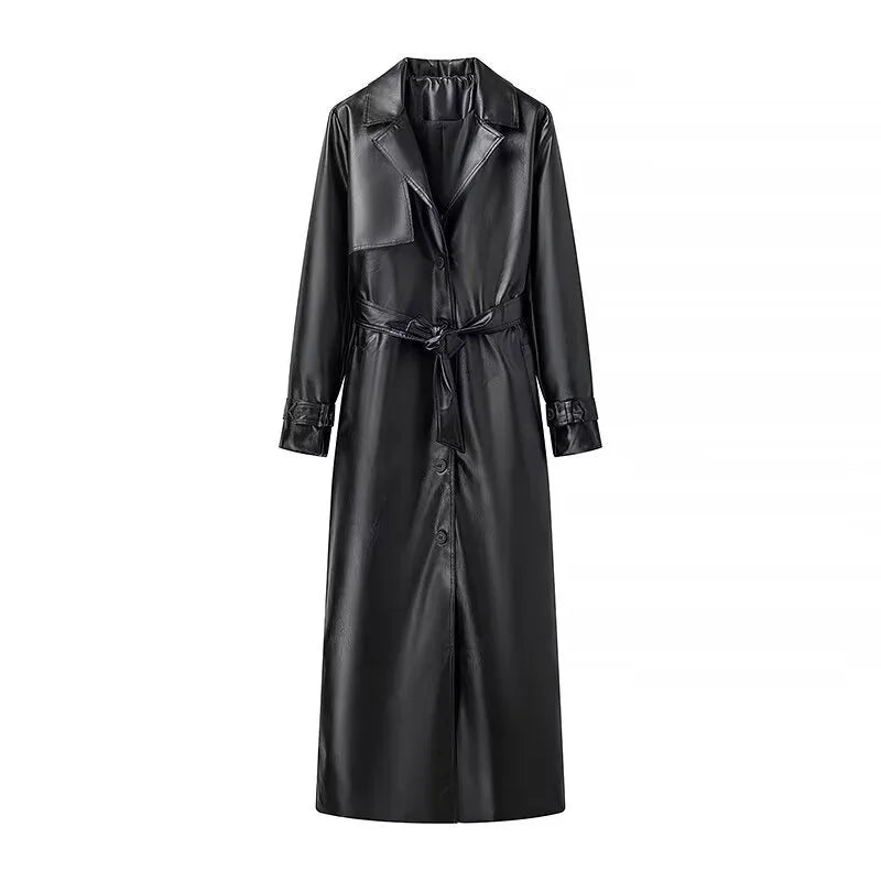 Vintage Pu Leather Extra Long Trench Coat Women Lapel Single-breasted Overcoat With Belt 2025 New Autumn Winter Lady  Outwear