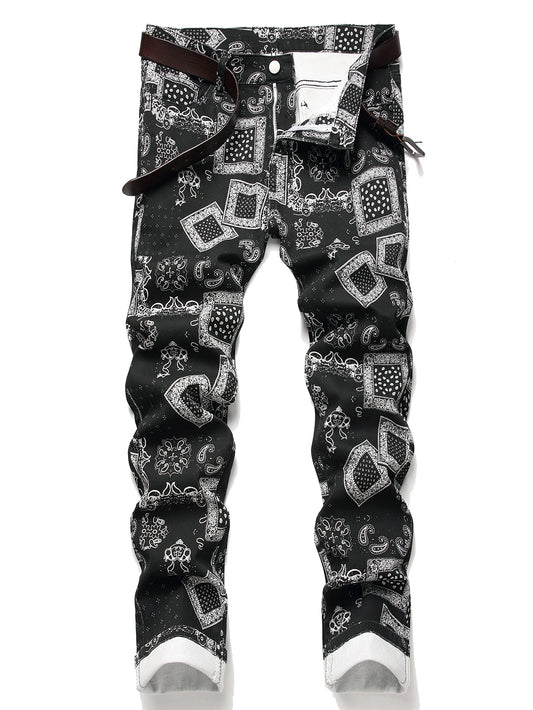 Stylish Mid Stretch Slim Fit Jeans - Men's Mid Waist Distressed And Ripped Denim Jeans With Tassels For All Seasons Street Wear