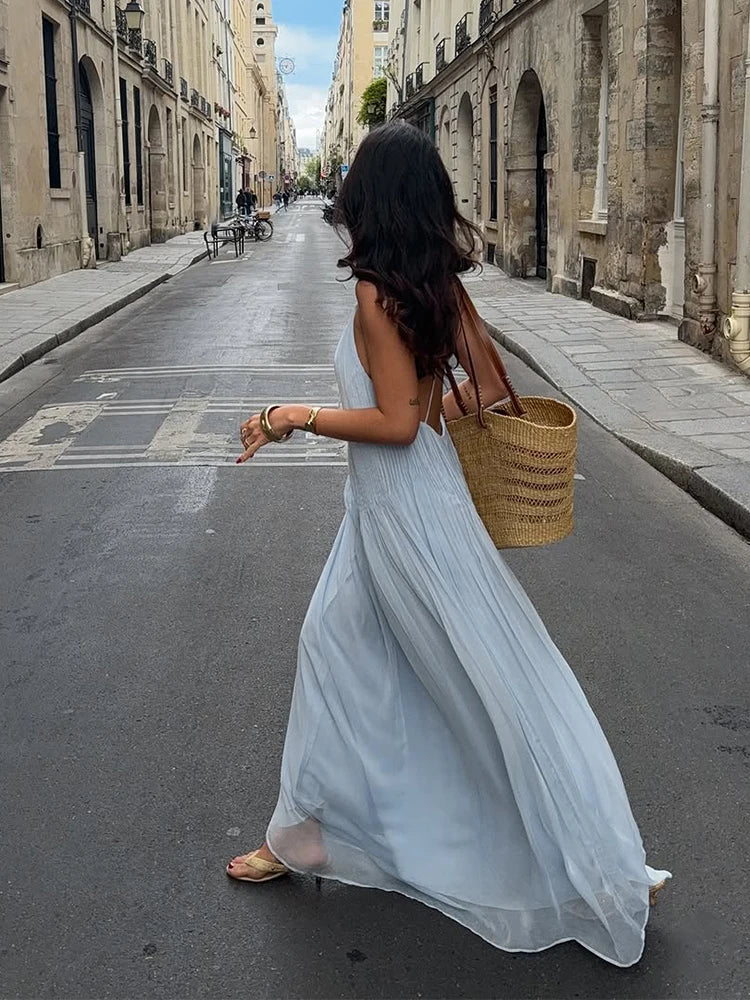 Blue Pleated Backless Maxi Dresses Women V Neck Off Shoulder A Line Loose Holiday Long Dress Elegant Casual Summer Vacation Robe