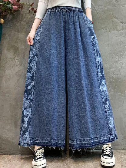 Amax luluE Fashion 2024 Loose Printed Vintage Denim Pants Women Spring Patchwork Jeans Ladies Classic Casual Wide Leg Trousers
