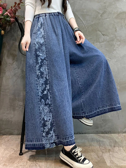 Amax luluE Fashion 2024 Loose Printed Vintage Denim Pants Women Spring Patchwork Jeans Ladies Classic Casual Wide Leg Trousers