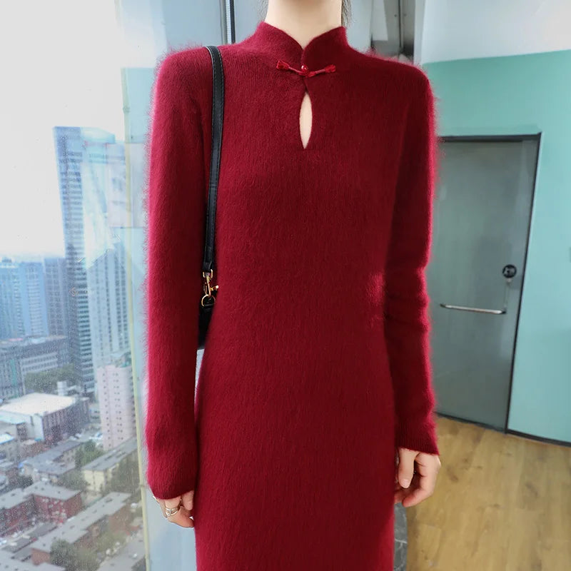 Retro Collar Buckle Knit Dress Female Pullover Long Over-The-Knee Solid Color Joker Slim Mink Cashmere Dress