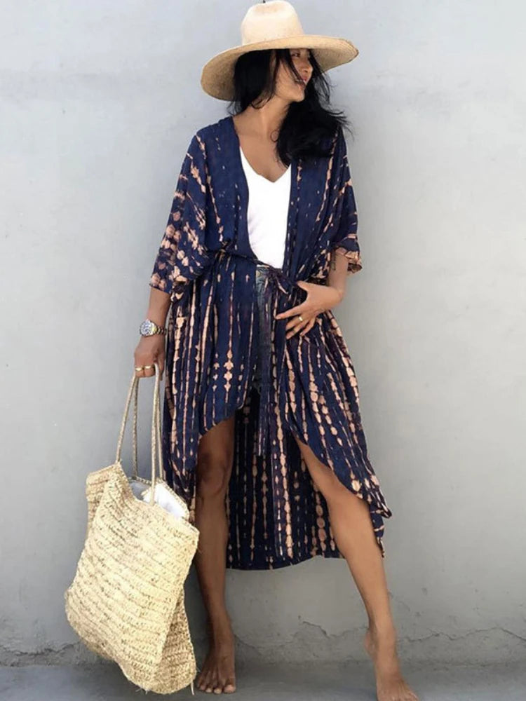 Bikini Cover Ups for Swimwear Women Printed Beach Kimono Self Belted Loose Wrap Beachwear Bathing Suit Dropshipping 22 Colors