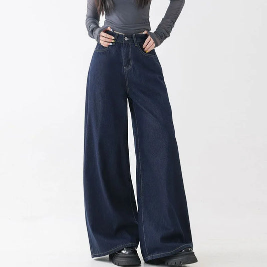 High Waist Straight Leg Loose Fit Denim Jeans Women's Floor Length Lazy Wide Leg Meat Concealing Deep Blue American Style Long P