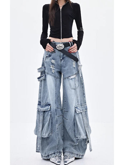 American Deconstructed Sa Multi-ket Workwear Jeans Women Loose Wide Leg Pants High Waist Long Trousers Blue Casual