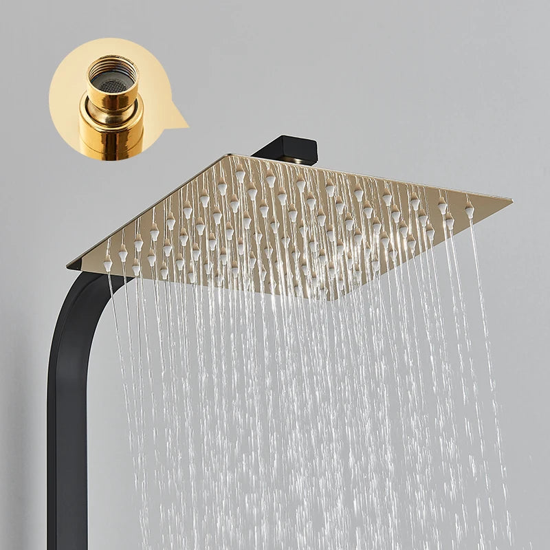 Black Golden Bathroom Shower Faucet Stainless Steel Rainfall Shower Head+Hand Shower,Rotate Bath Tub Spout Shower Kit