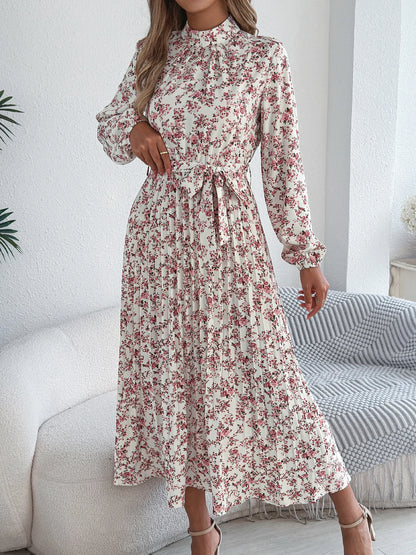 Floral Stand Up Collar Bridesmaid Dress 2026 Spring Summer Elegant Long Sleeve Waist Cinched Pleated Dresses Valentine's Day