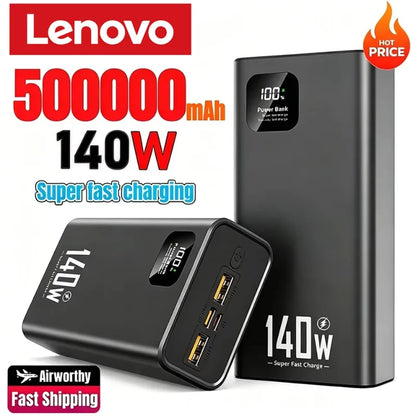 Lenovo 500000mAh Power Bank 140W Ultra Large Capacity Super Fast Charging Portable Power Digital Display External Battery 2026