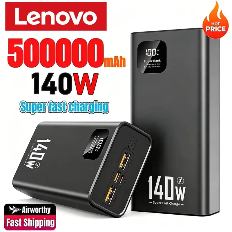 Lenovo 500000mAh Power Bank 140W Ultra Large Capacity Super Fast Charging Portable Power Digital Display External Battery 2026