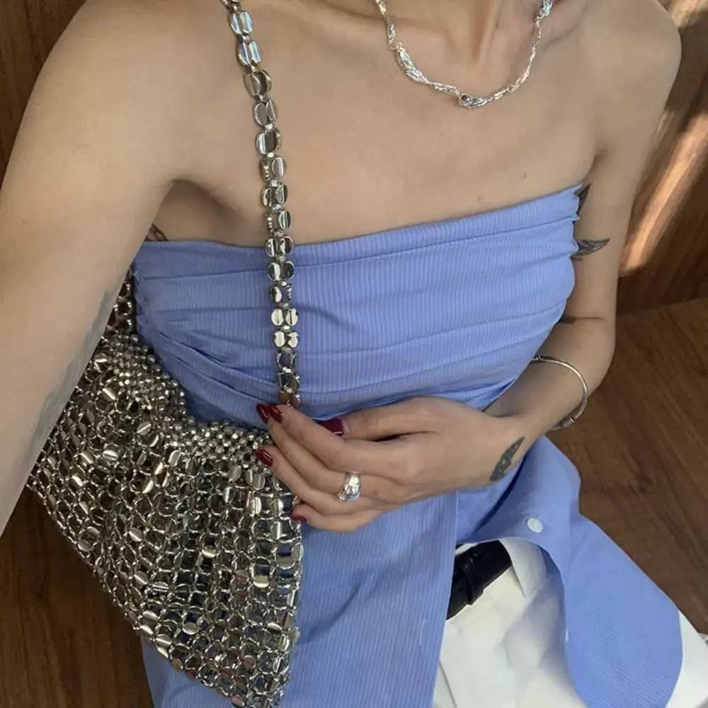 Casual Sequin Evening Banquet Bag Temperament Underarm Bag Woven Beaded Crossbody Bag Mini Small Purse Silver Shiny Bag Women