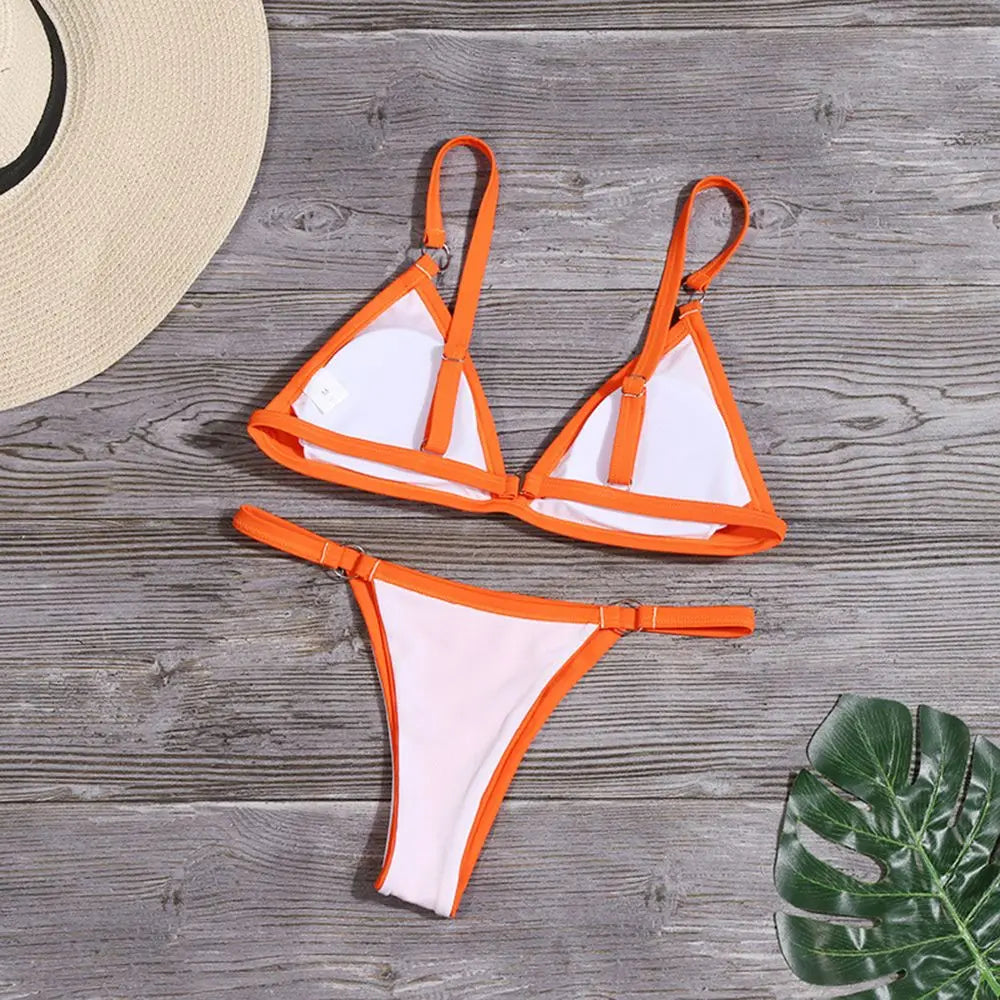 Woman Girl Beach Swimsuit Sexy Low Waist Split Swimwear Solid Color Bikini Set Two Piece Sling Backless Metal Buckle