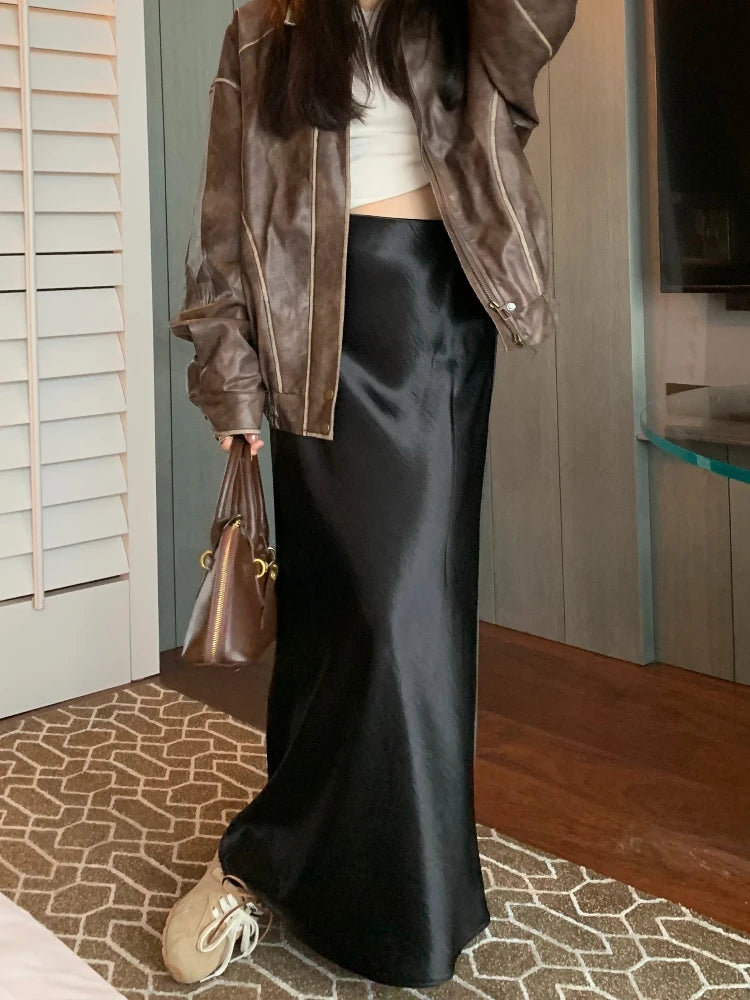 Spring Women's Long Skirts High-waist Luxury Satin Fishtail Skirt Ladies Elegant Loose Solid Gray Black A-line Skirts for Women