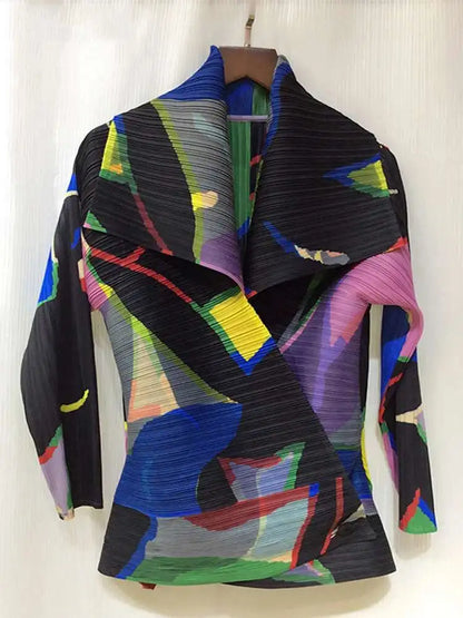 GVUW Pleated Color Block Jacket Coat Women's 2025  Autumn Lapel Long Sleeve Single Button Loose Female Fashion Top 17D1331