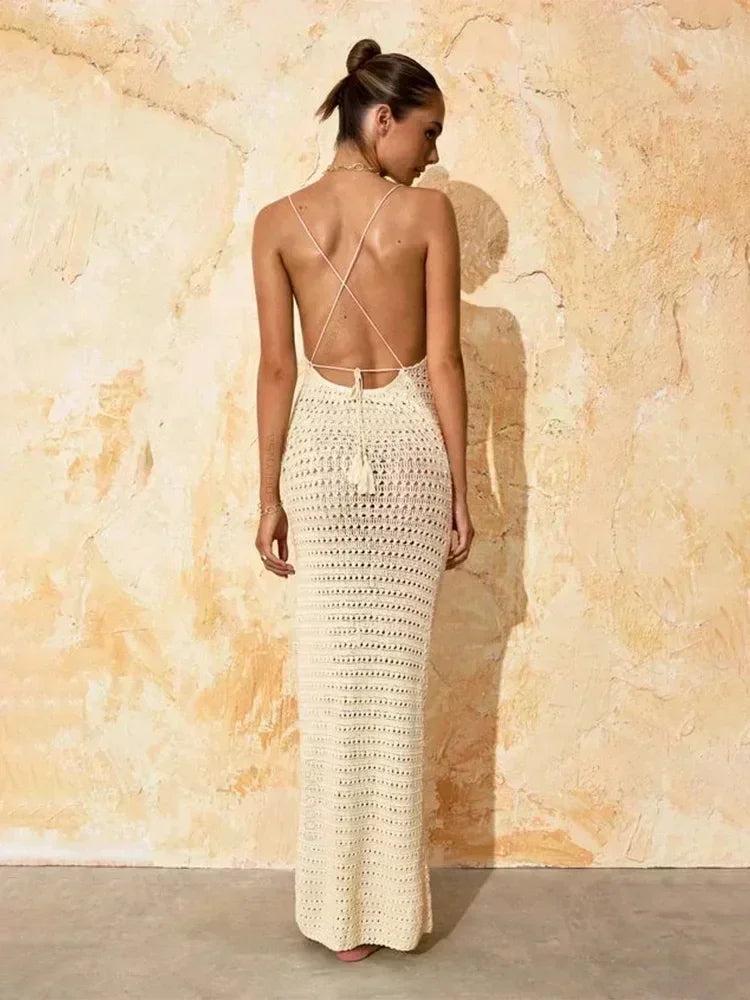 Sexy Knit Cut Out Tassel Spaghetti Strap Bodycon Beach Maxi Dress Summer Women's Holiday Club Party Outfit Swimsuit Cover Up K10