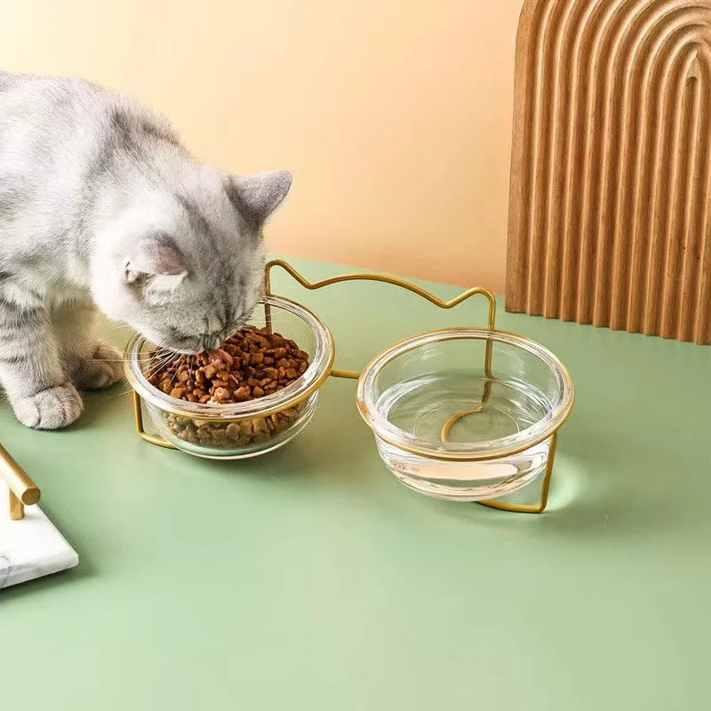 2x300ml Double Glass Cat Dog Bowl Puppy Food Bowl with Iron Frame Gold Stand Raised Water Feeder Bowl Pet Supplies Accessories