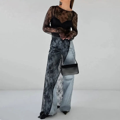 Casual Pullover Lace Dress Long Pullover Dress Non Stretch Fabric Dress Perspective O-Neck Dress Regular Length Dress