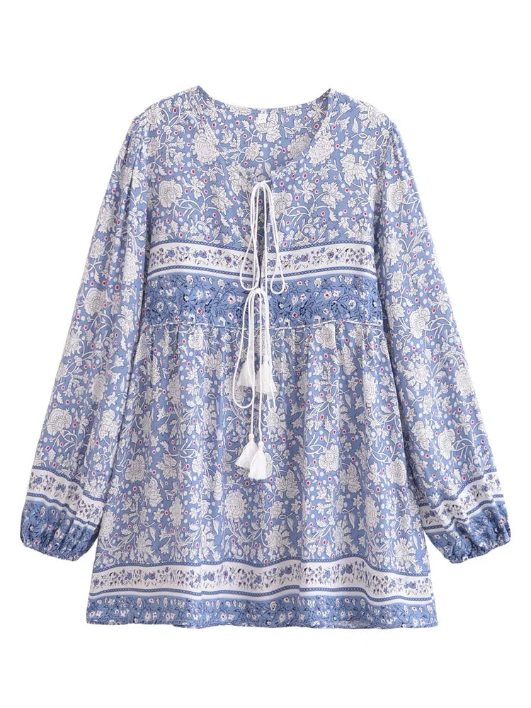 Vintage Chic Women Floral Porcelain Print Long Sleeve Beach Bohemian Mini Dresses Ladies Rayon Cotton Tie Neck Boho Dress