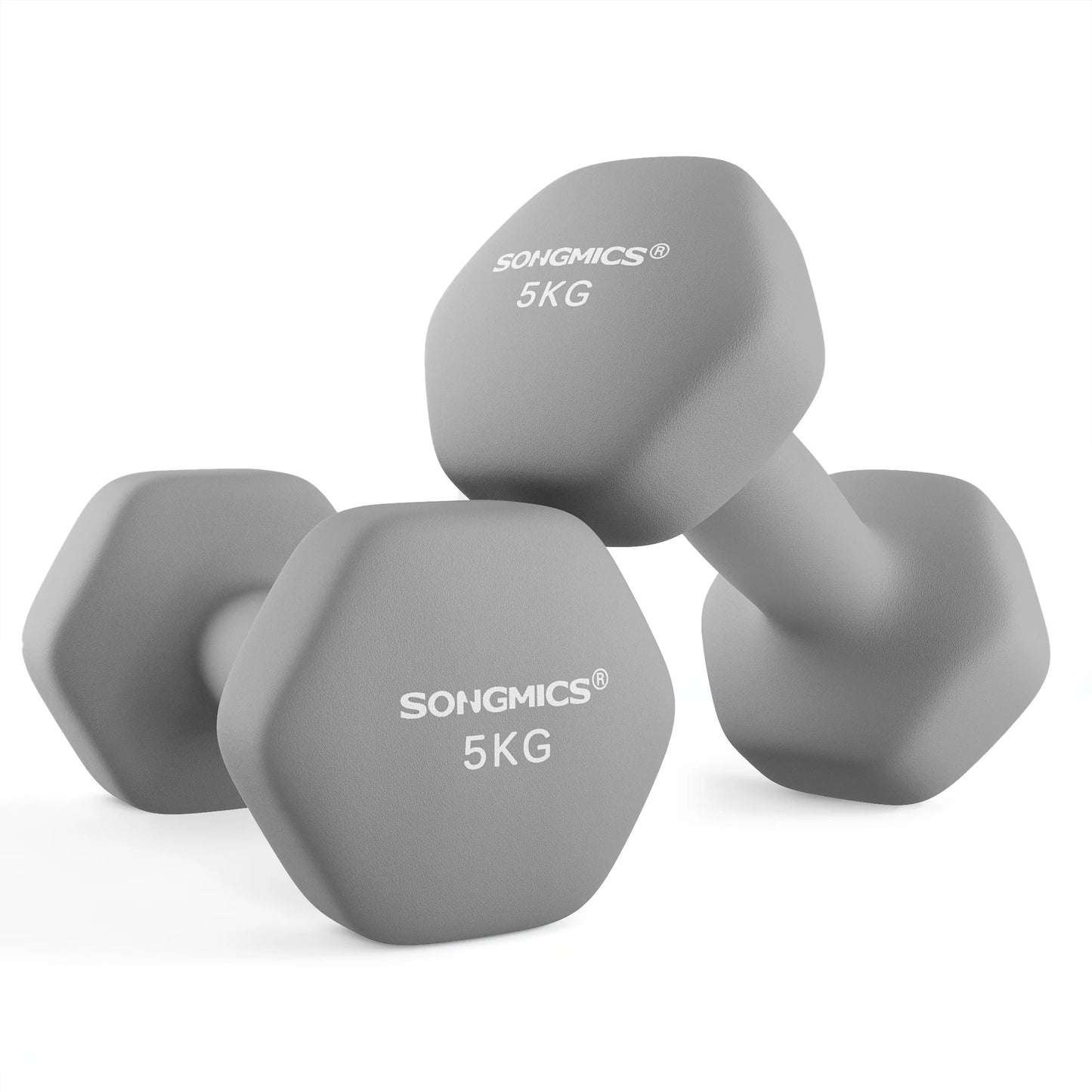 SONGMICS Set of 2 Neoprene Hex Dumbbells, 2 x 5 kg, with Dumbbells Bars, Home Training, Grey
