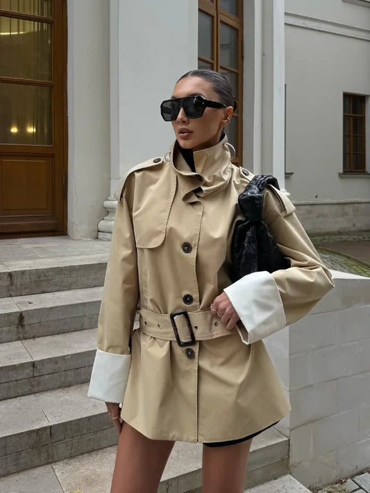 Women Casual Stand Collar Belted Trench Coat Chic Contrast Cuff Single Breasted Loose Windbreaker 2026 Lady Commute Street Coats